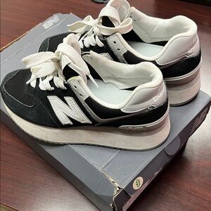 New Balance Classic 574 + Black Gray and White Womens Shoes.
